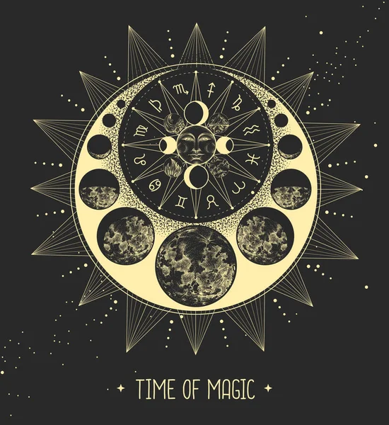 Modern Magic Witchcraft Card Astrology Sun Moon Sign Human Face — Stock Vector