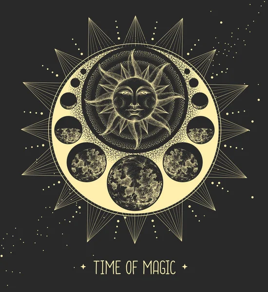 Moderne Magische Hekserij Kaart Met Astrologie Zon Maan Teken Met — Stockvector