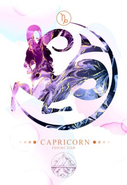Astroloji burcuna sahip modern büyü kartı. Alkol mürekkebi desenli burcu. Zodiac karakteristik. Mermer doku arkaplanı