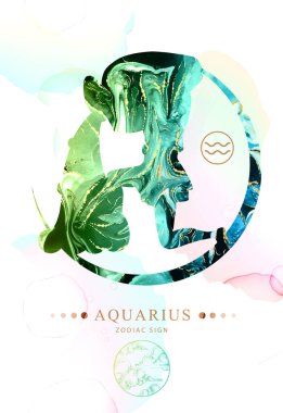 Astroloji kova burcuna sahip modern büyü kartı. Alkol mürekkebi desenli. Zodiac karakteristik. Mermer doku arkaplanı