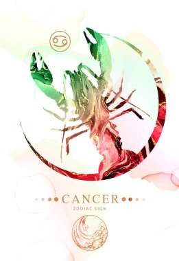 Astrolojili modern büyü kartı. Alkol mürekkebi desenli kanser burcu. Zodiac karakteristik. Mermer doku arkaplanı