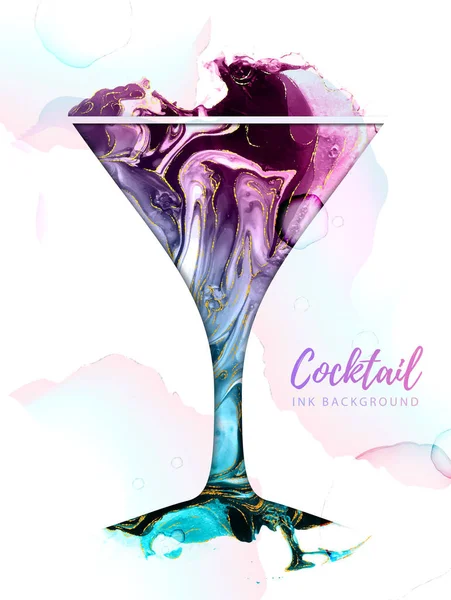 Artistieke Kosmopoliatn Cocktail Silhouet Met Alcohol Inkt Textuur Marmeren Textuur — Stockvector