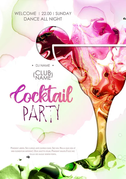 鸡尾酒迪斯科派对海报 具有酒精油墨质感的艺术风格的玛格丽特鸡尾酒轮廓 清晰的纹理背景 — 图库矢量图片