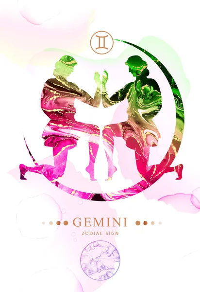 Nowoczesna Magiczna Karta Astrologią Znak Zodiaku Gemini Tuszem Alkoholowym Charakterystyka — Wektor stockowy