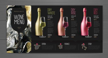Alkol içerikli şarap menüsü tasarımı. Mermer desen arka planı. Şampanya şişeleri ve bardaklar.