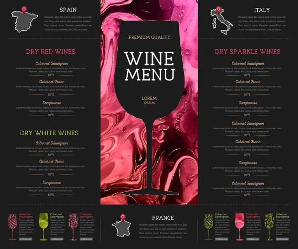 Diseño Menú Vino Con Textura Tinta Alcohol Textura Mármol Fondo — Archivo Imágenes Vectoriales