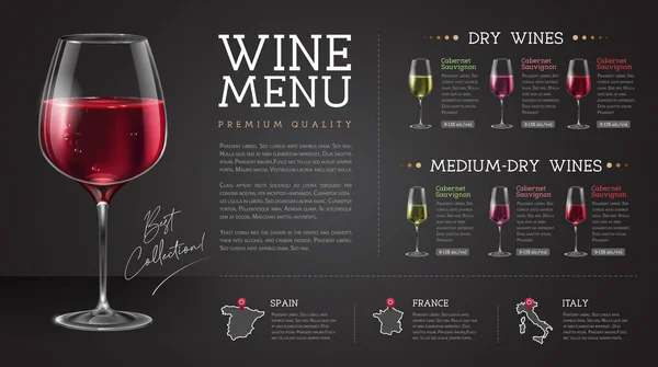 Diseño Menú Restaurante Vino Con Copas Vino Realistas Botellas Fondo — Vector de stock
