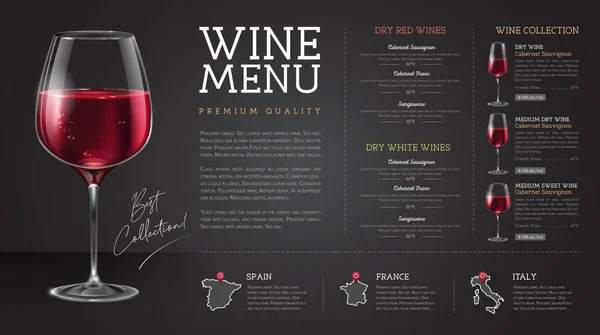 Diseño Menú Restaurante Vino Con Copas Vino Realistas Botellas Fondo — Archivo Imágenes Vectoriales