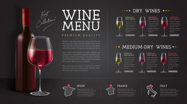 Diseño Menú Restaurante Vino Con Copas Vino Realistas Botellas Fondo — Vector de stock