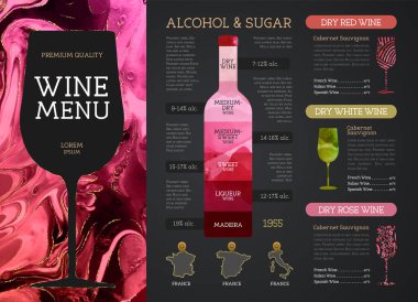 Alkol içerikli şarap menüsü tasarımı. Mermer doku arkaplanı.