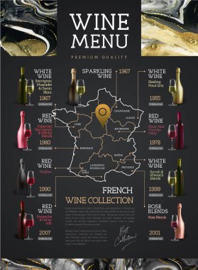 Alkol içerikli şarap menüsü tasarımı. Şarap haritası. Fransız şarap listesi. Mermer doku arkaplanı.