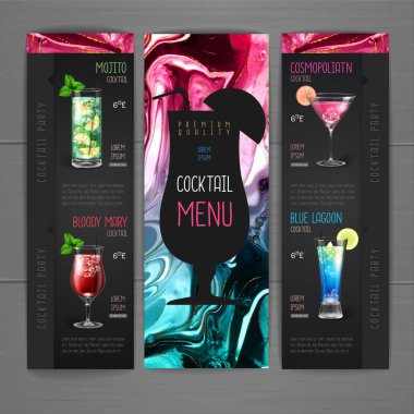Alkol içerikli kokteyl menüsü tasarımı. Mermer doku arkaplanı.
