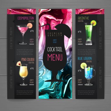 Alkol içerikli kokteyl menüsü tasarımı. Mermer doku arkaplanı.