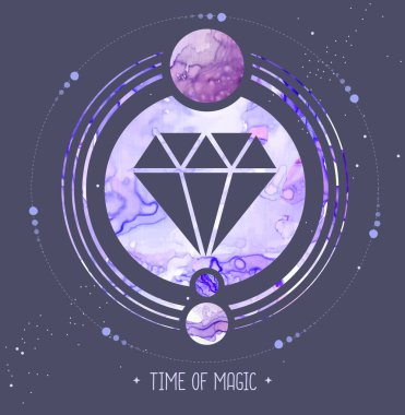 Uzayda gezegenler ve elmaslarla dolu modern büyü kartı. Alkol mürekkebi okült illüstrasyon