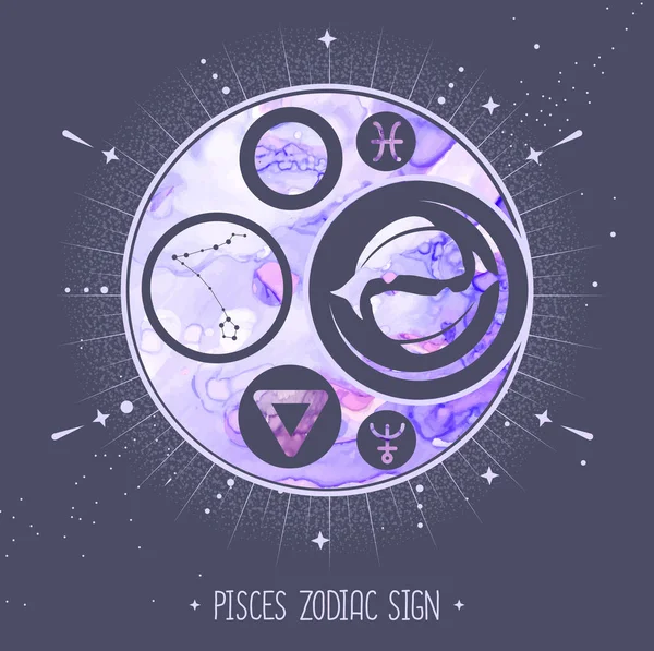 Tarjeta Brujería Mágica Moderna Con Astrología Signo Del Zodíaco Piscis — Vector de stock