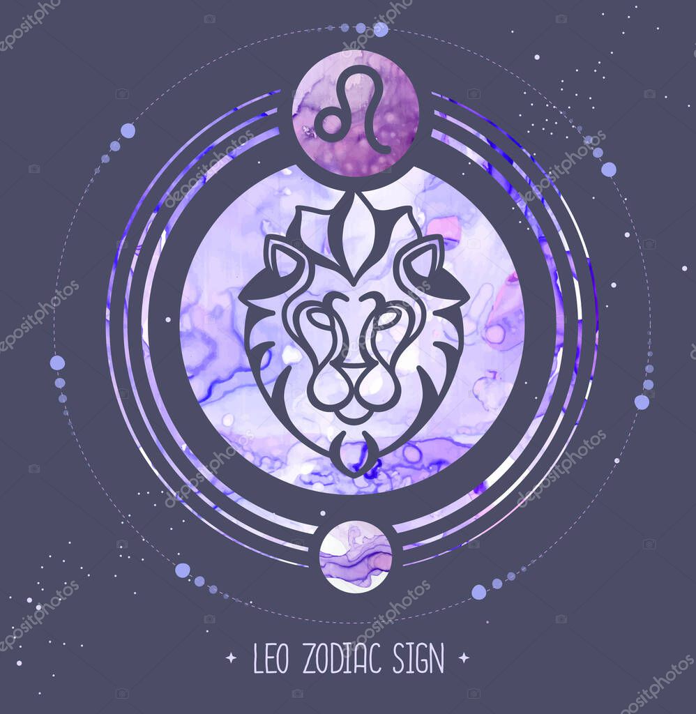 Modern magic witchcraft card with astrology Leo zodiac sign. Alcohol ink background. Zodiac characteristic