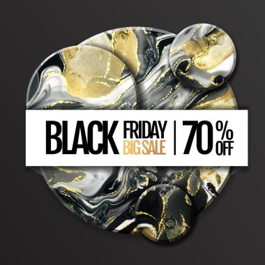 Kara Cuma tipografisi. Alkol mürekkebi desenli büyük indirimli pankart. Mermer siyah ve altın sanatsal arkaplan