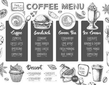 Restoran kahve menüsü tasarımı. Bir fincan kahve ya da çayın dekoratif çizimi. Tatlı menüsü