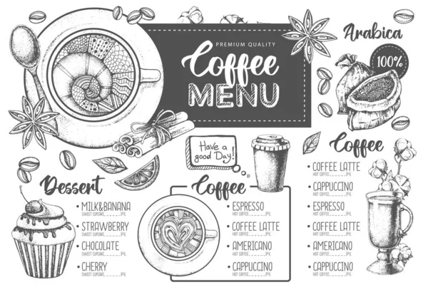 Ristorante Progettazione Menu Caffè Schizzo Decorativo Tazza Caffè Menù Dei — Vettoriale Stock