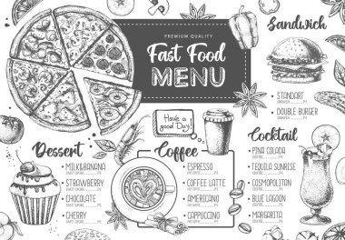 Restoran menüsü tasarımı. Pizza, sandviç ve tatlı için dekoratif bir taslak. Fast food menüsü