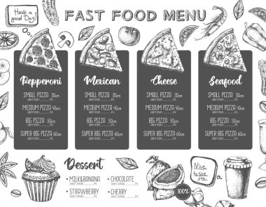 Restoran pizza menüsü tasarımı. Pizzanın dekoratif çizimi. Fast food menüsü