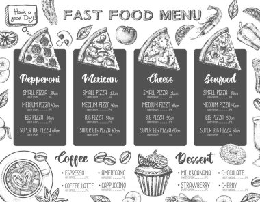 Restoran pizza menüsü tasarımı. Pizzanın dekoratif çizimi. Fast food menüsü