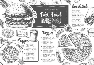 Restoran menüsü tasarımı. Pizza, sandviç ve tatlı için dekoratif bir taslak. Fast food menüsü