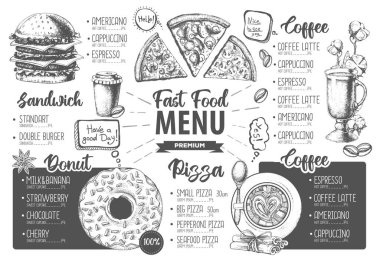 Restoran menüsü tasarımı. Pizza, sandviç ve tatlı için dekoratif bir taslak. Fast food menüsü