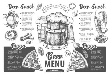 Restoran bira menüsü tasarımı. Bira ve deniz ürünleri abur cuburunun dekoratif çizimi. Fast food menüsü