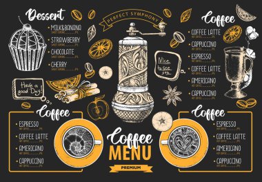 Restoran kahve menüsü tasarımı. Bir fincan kahve ya da çayın dekoratif çizimi. Tatlı menüsü