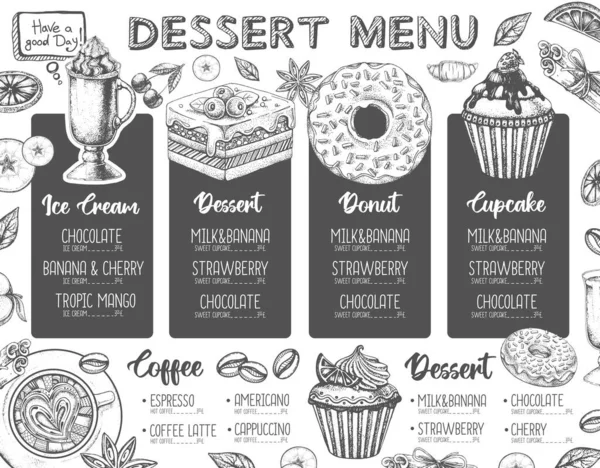 Restoran tatlı menüsü tasarımı. Kek ve çöreğin dekoratif çizimi. Tatlı menü
