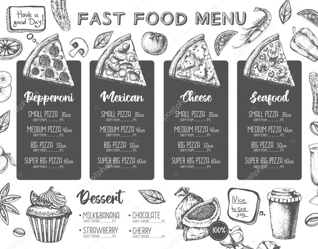 Restaurant pizza menu design. Decorative sketch of pizza. Fast food menu