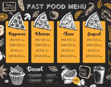 Restoran pizza menüsü tasarımı. Pizzanın dekoratif çizimi. Fast food menüsü