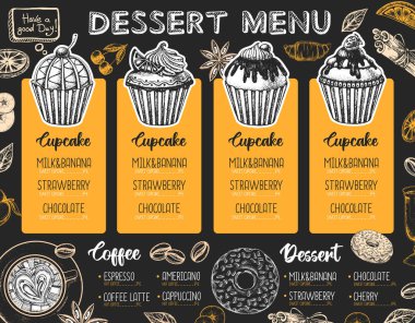 Restoran tatlı menüsü tasarımı. Kek ve çöreğin dekoratif çizimi. Tatlı menü