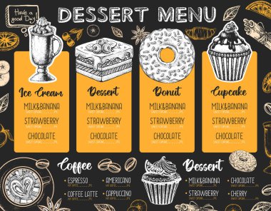Restoran tatlı menüsü tasarımı. Kek ve çöreğin dekoratif çizimi. Tatlı menü