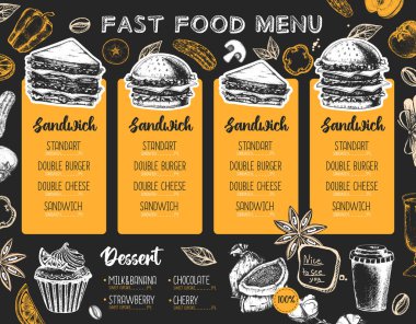 Restoran sandviç menüsü tasarımı. Sandviçlerin dekoratif çizimi. Fast food menüsü
