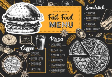Restoran menüsü tasarımı. Pizza, sandviç ve tatlı için dekoratif bir taslak. Fast food menüsü