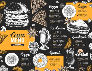 Restoran menüsü tasarımı. Pizza, sandviç ve tatlı için dekoratif bir taslak. Fast food menüsü