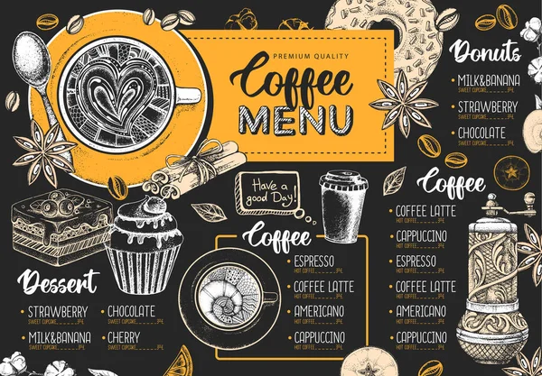 Ristorante Progettazione Menu Caffè Schizzo Decorativo Tazza Caffè Menù Dei — Vettoriale Stock