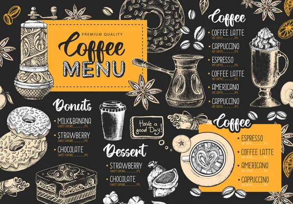 Ristorante Progettazione Menu Caffè Schizzo Decorativo Tazza Caffè Menù Dei — Vettoriale Stock