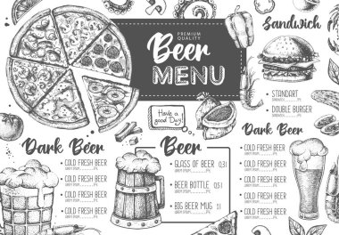 Restoran bira menüsü tasarımı. Bira ve deniz ürünleri abur cuburunun dekoratif çizimi. Fast food menüsü