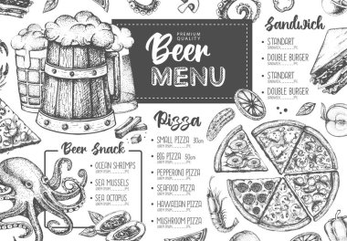 Restoran bira menüsü tasarımı. Bira ve deniz ürünleri abur cuburunun dekoratif çizimi. Fast food menüsü