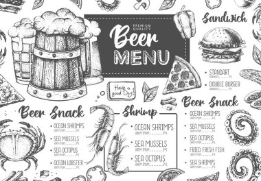 Restoran bira menüsü tasarımı. Bira ve deniz ürünleri abur cuburunun dekoratif çizimi. Fast food menüsü