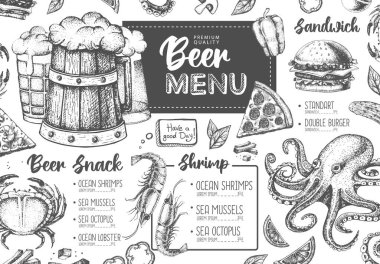 Restoran bira menüsü tasarımı. Bira ve deniz ürünleri abur cuburunun dekoratif çizimi. Fast food menüsü
