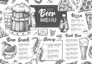 Restoran bira menüsü tasarımı. Bira ve deniz ürünleri abur cuburunun dekoratif çizimi. Fast food menüsü