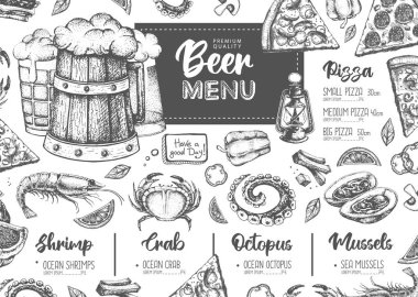 Restoran bira menüsü tasarımı. Bira ve deniz ürünleri abur cuburunun dekoratif çizimi. Fast food menüsü