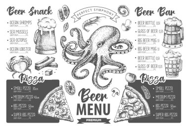 Restoran bira menüsü tasarımı. Bira ve deniz ürünleri abur cuburunun dekoratif çizimi. Fast food menüsü