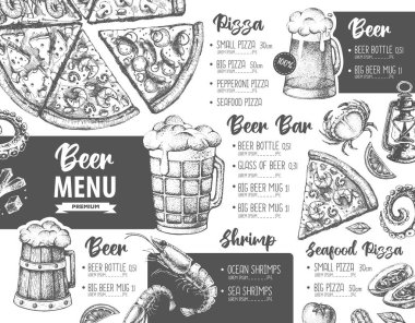 Restoran bira menüsü tasarımı. Bira ve deniz ürünleri abur cuburunun dekoratif çizimi. Fast food menüsü