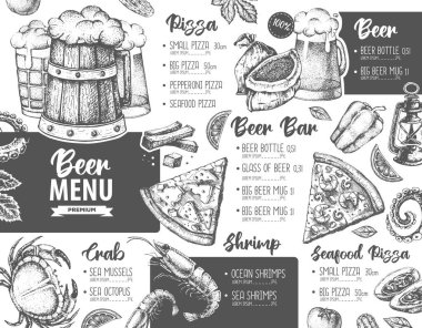 Restoran bira menüsü tasarımı. Bira ve deniz ürünleri abur cuburunun dekoratif çizimi. Fast food menüsü