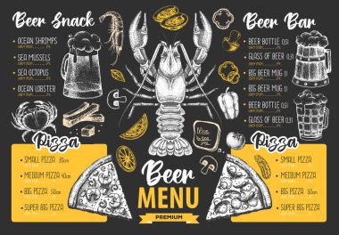 Restoran bira menüsü tasarımı. Bira ve deniz ürünleri abur cuburunun dekoratif çizimi. Fast food menüsü